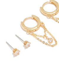 Gold Plated Cubic Zirconia Huggie Chain & Stud Earrings 2-Pack - link has visual effect only