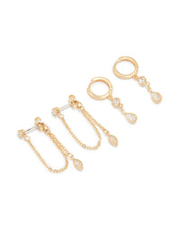 Gold Plated Cubic Zirconia Drop & Chain Earrings 2-Pack - link has visual effect only