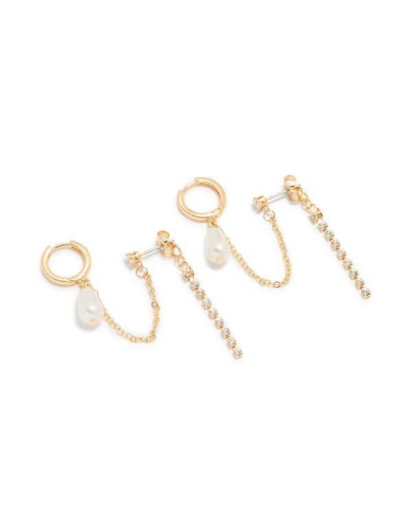 Gold Plated Pearl Chain Huggie & Stud Earrings