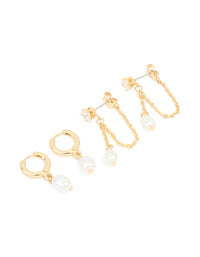 Gold Plated Pearl Huggie & Chain Stud Earrings 2-Pack - link has visual effect only