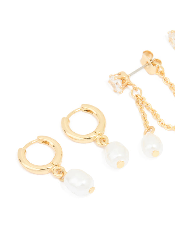 Gold Plated Pearl Huggie & Chain Stud Earrings 2-Pack