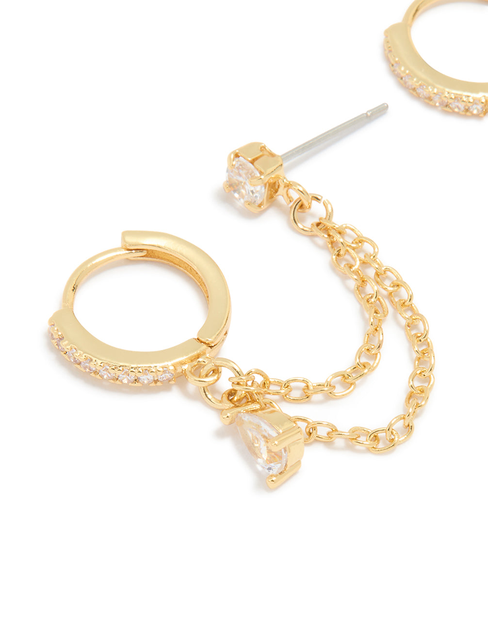 Gold Plated Cubic Zirconia Pear Layered Chain Huggie Earrings