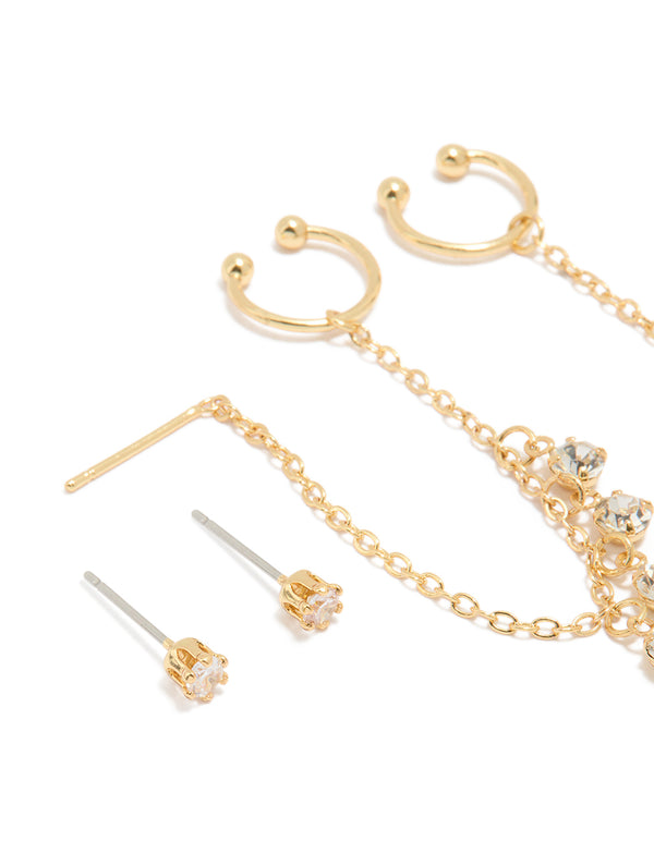 Gold Plated Chain Cubic Zirconia Chain Pull Through Earrings & Studs 3-Pack