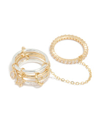 Mixed Metal Cubic Zirconia Star Charm Chain Interconnected Ring - link has visual effect only