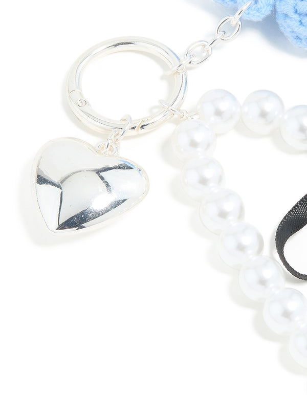 Blue Crochet Fabric Daisy & Pearl Key Chain