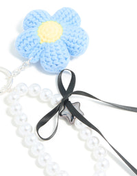 Blue Crochet Fabric Daisy & Pearl Key Chain - link has visual effect only