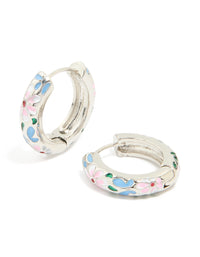 Silver Blue & Pink Enamel Flower Design Hoop Earrings - link has visual effect only