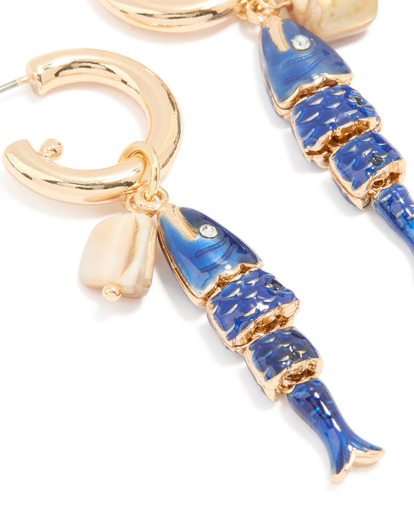 Gold Blue Fish Charm Hoop Earrings