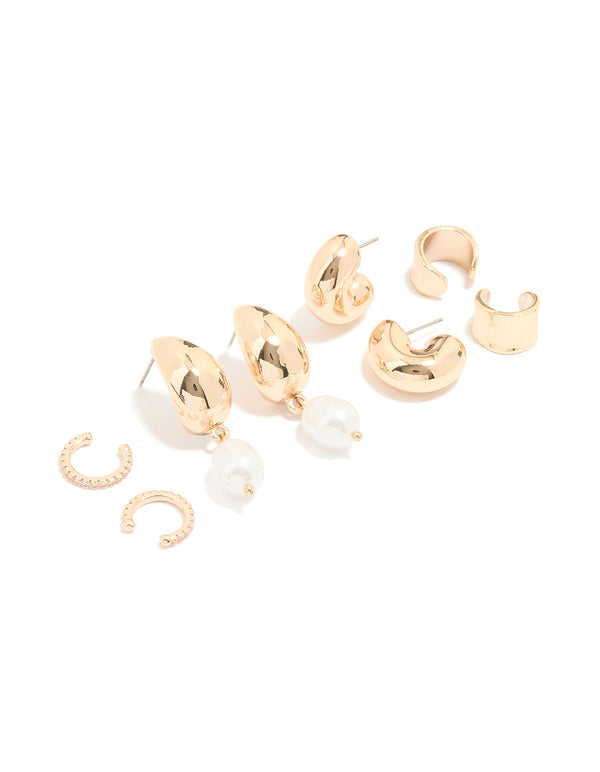 Gold Chunky Hoops & Ear Cuffs 4-Pack