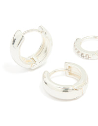 Silver Plated Brass Mini Cubic Zirconia & Plain Huggie Earrings 2-Pack - link has visual effect only