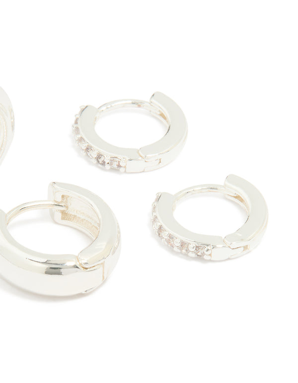 Silver Plated Brass Mini Cubic Zirconia & Plain Huggie Earrings 2-Pack