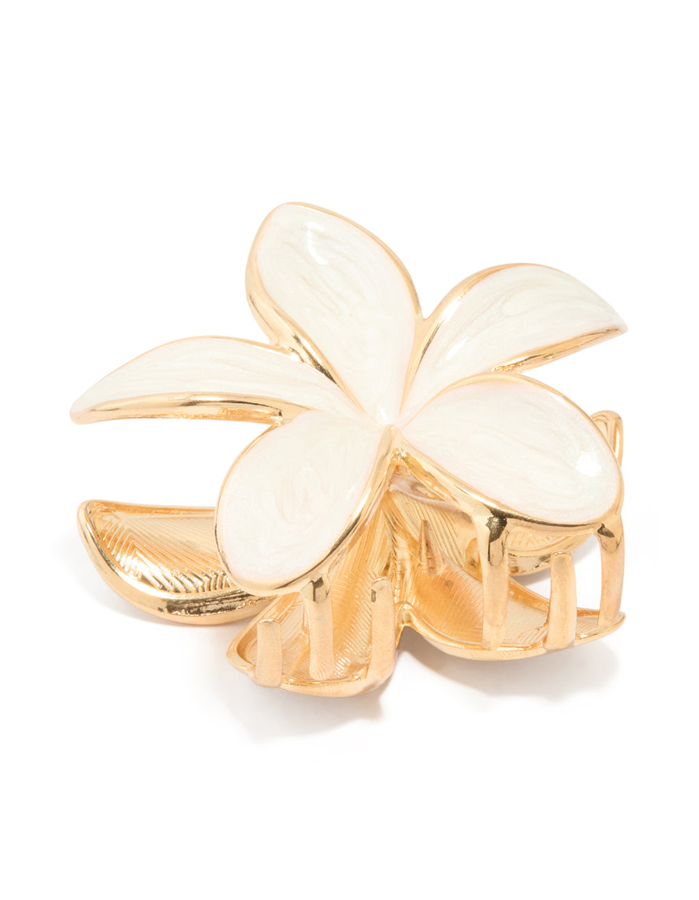Featuring a floral enamel tropical claw clip in gold and ivory side view