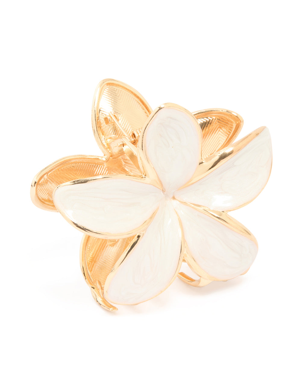 This tropical claw clip showcases floral enamel design in gold and ivory front view