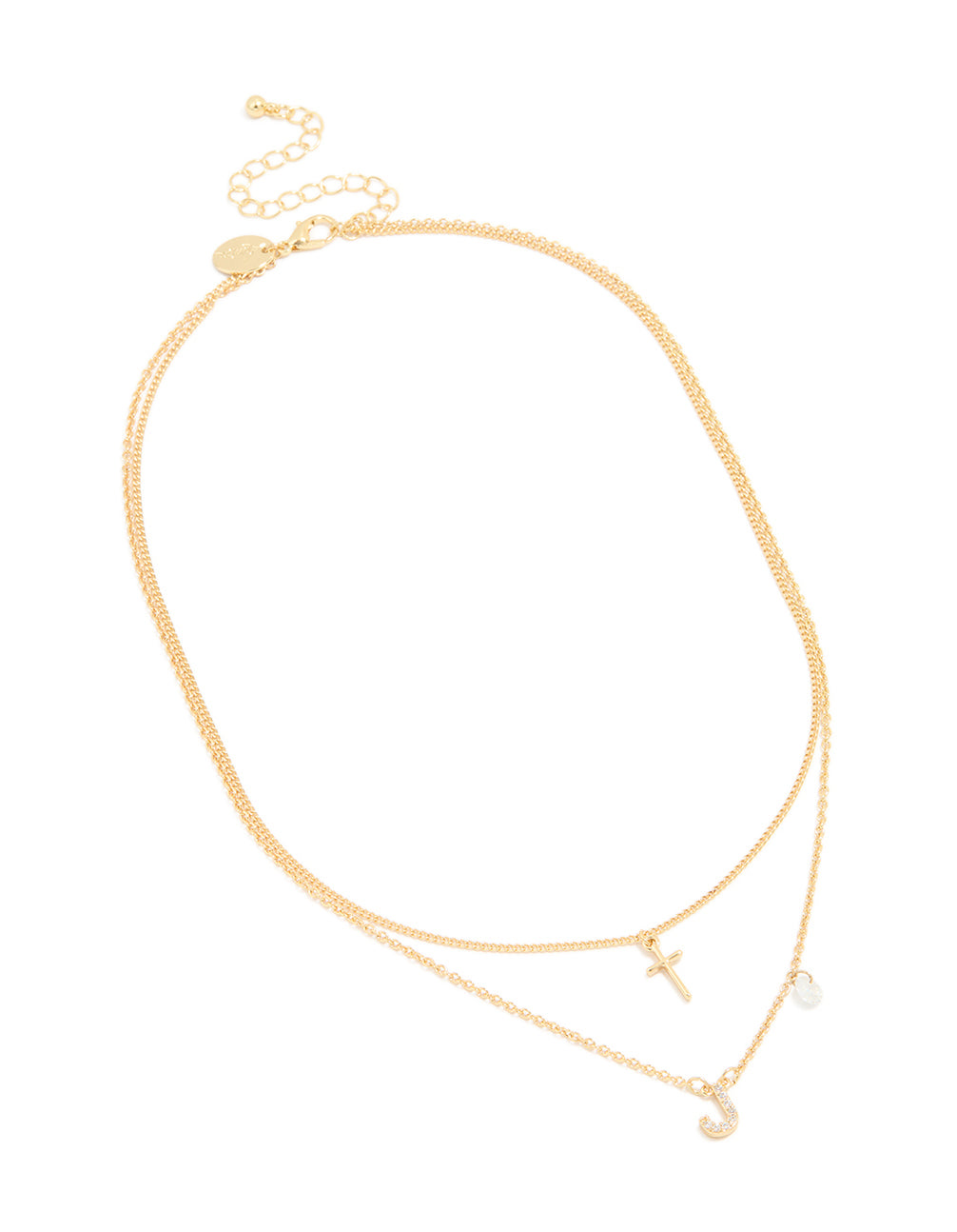 Gold Plated Cubic Zirconia Cross Letter J Layered Necklace