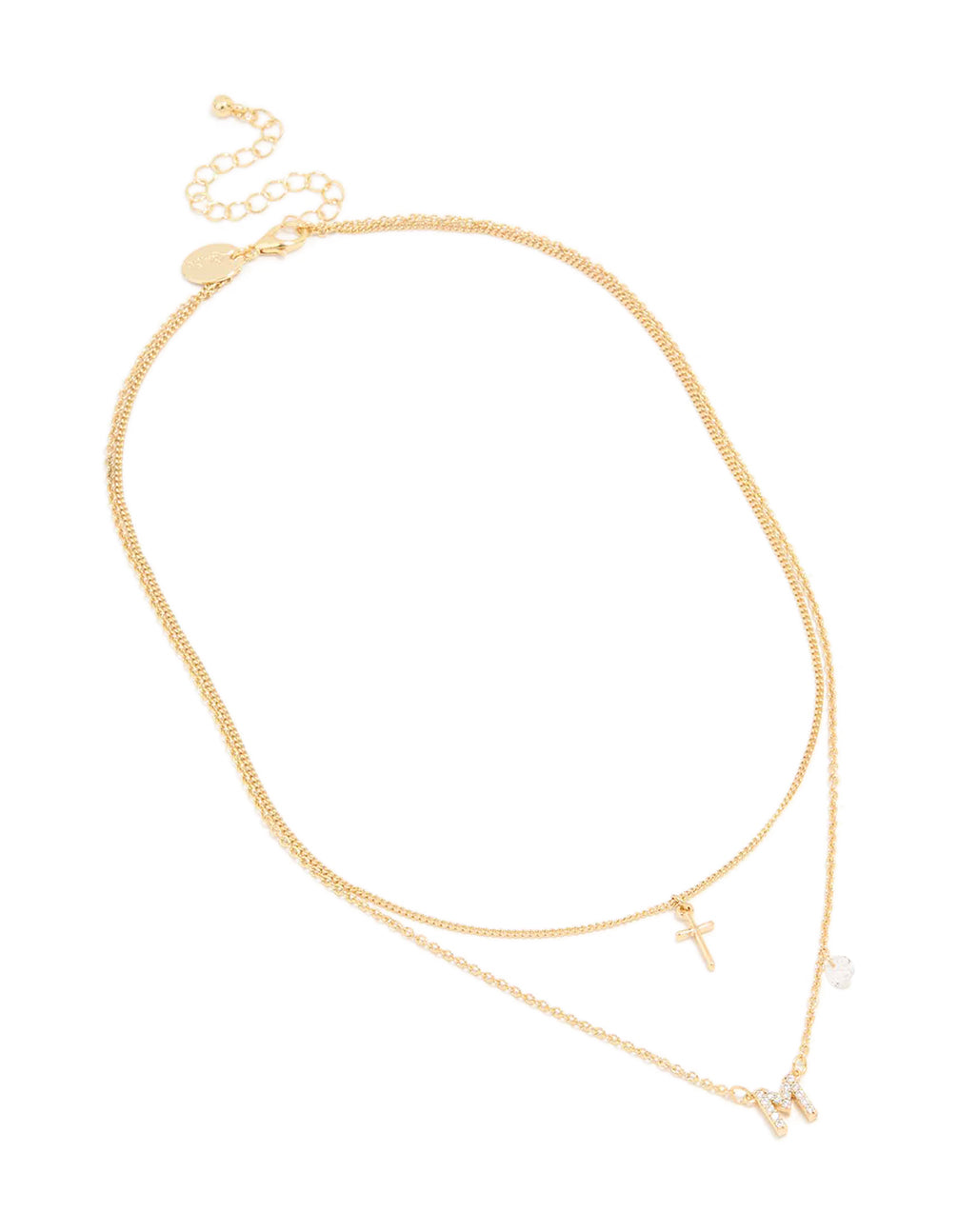 Gold Plated Cubic Zirconia Cross Letter M Layered Necklace
