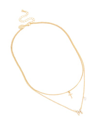 Gold Plated Cubic Zirconia Cross Letter M Layered Necklace - link has visual effect only