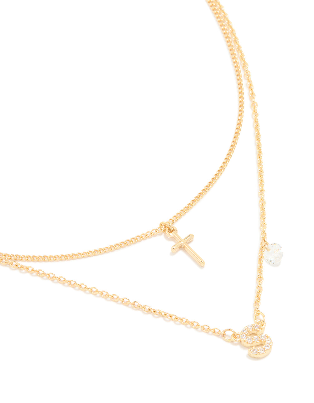 Gold Plated Cubic Zirconia Cross Letter S Layered Necklace