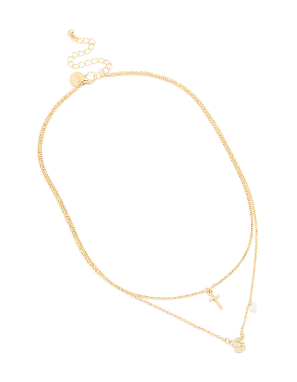 Gold Plated Cubic Zirconia Cross Letter S Layered Necklace