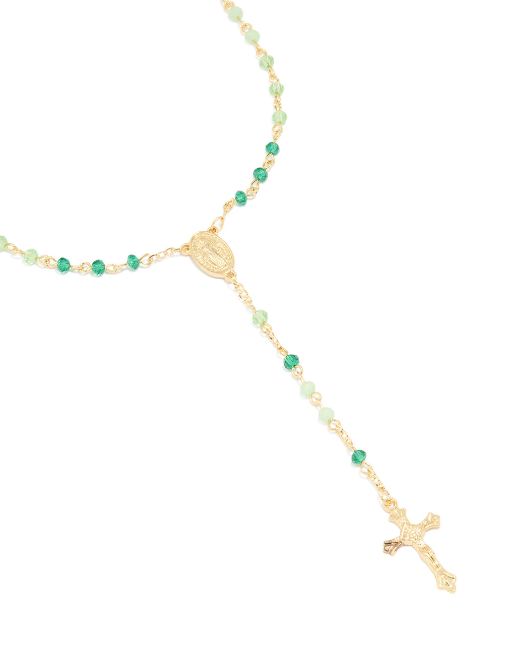 Gold Plated Green Beaded Lariat Cross Necklace