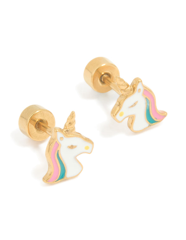 Kids Gold Plated Surgical Steel Unicorn Flat Back Earrings