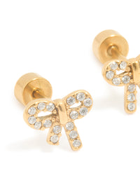 Kids Gold Plated Surgical Steel Cubic Zirconia Bow Flat Back Earrings - link has visual effect only