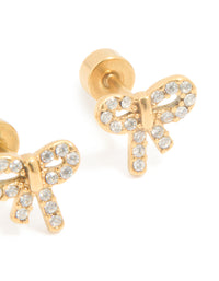 Kids Gold Plated Surgical Steel Cubic Zirconia Bow Flat Back Earrings - link has visual effect only