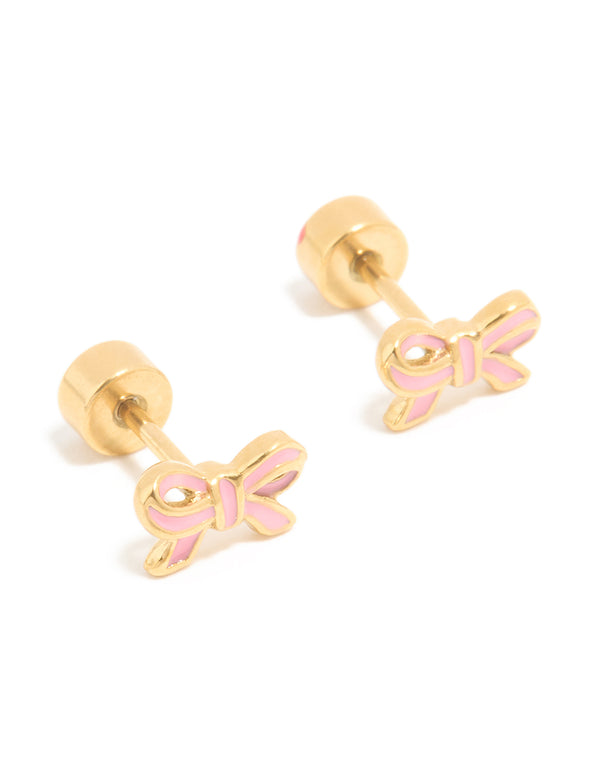 Gold Plated Surgical Steel Enamel Bow Flat Back Earrings