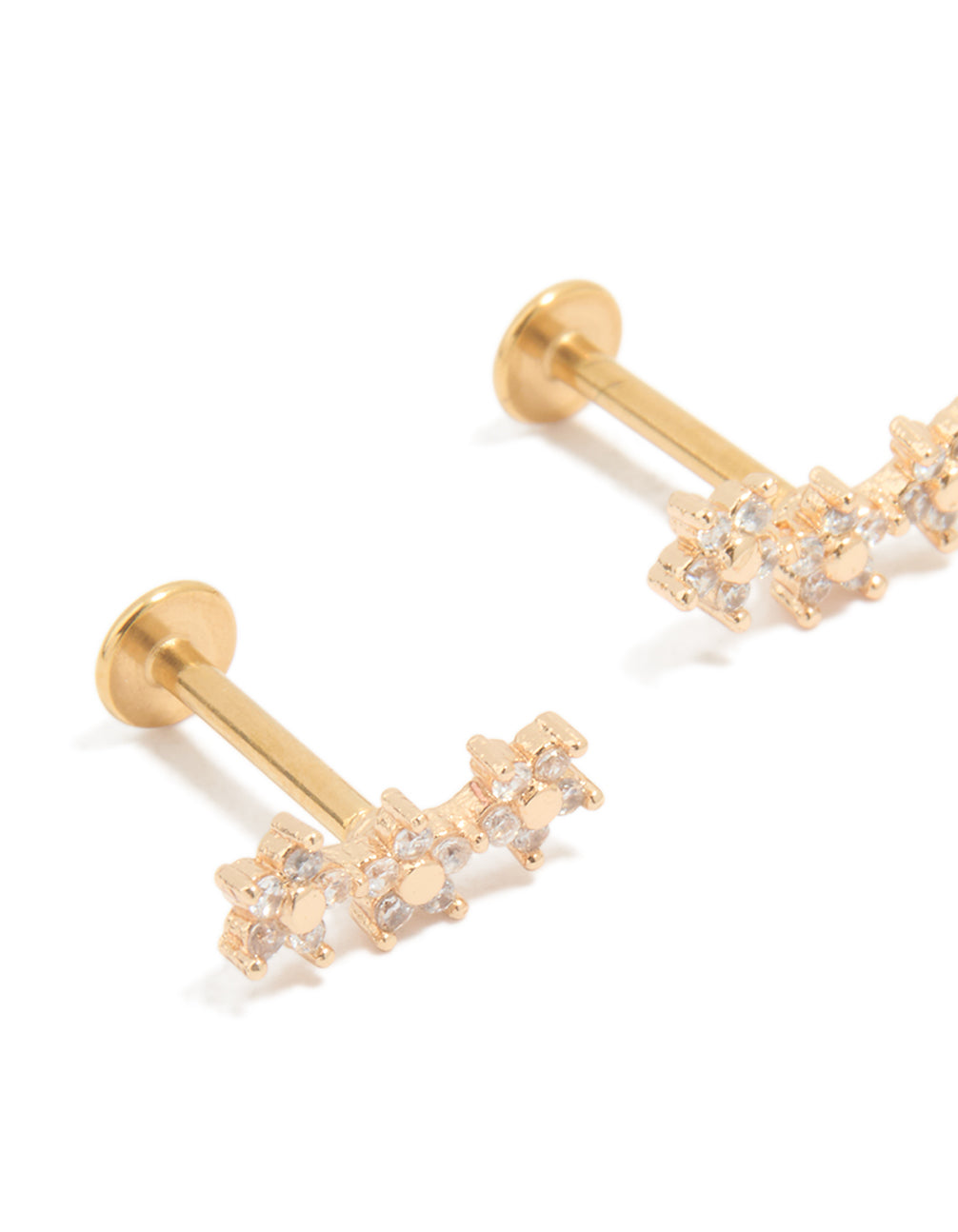 Gold Plated Surgical Steel Cubic Zirconia Flower Trio Flat Back Earrings