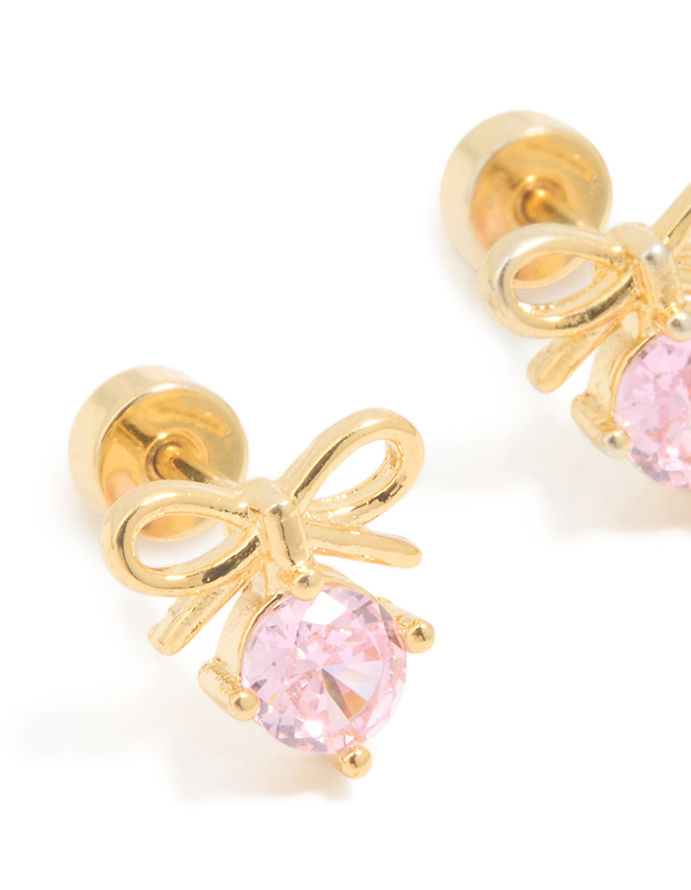 Kids Gold Plated Surgical Steel Pink Cubic Zirconia Bow Flat Back Earrings