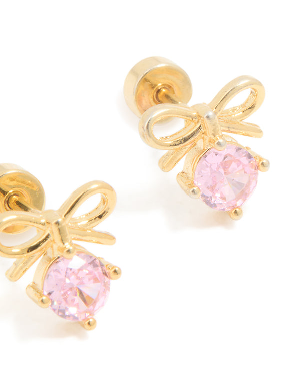 Kids Gold Plated Surgical Steel Pink Cubic Zirconia Bow Flat Back Earrings
