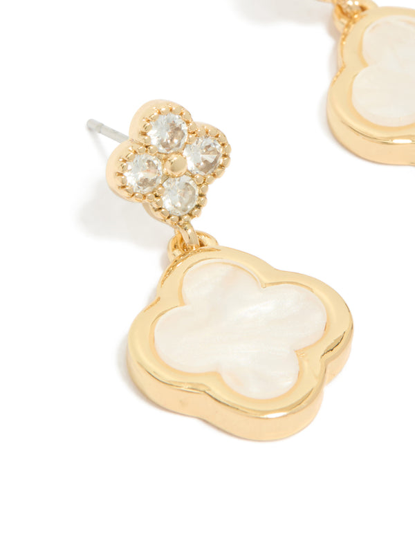 Gold Plated Double Flower Cubic Zirconia Drop Earrings