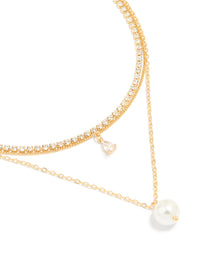 Gold Plated Diamante & Pearl Pendant Layered Necklace - link has visual effect only