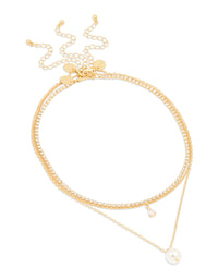 Gold Plated Diamante & Pearl Pendant Layered Necklace - link has visual effect only
