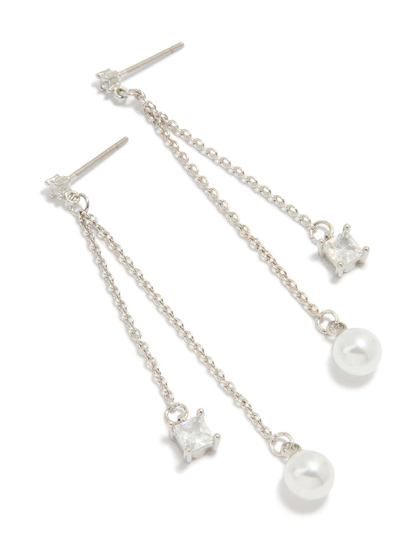 Silver Cubic Zirconia Pearl Chain Drop Earrings