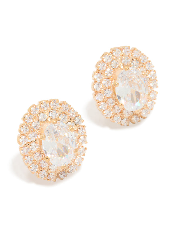 Gold Cubic Zirconia Oval Stud Earrings