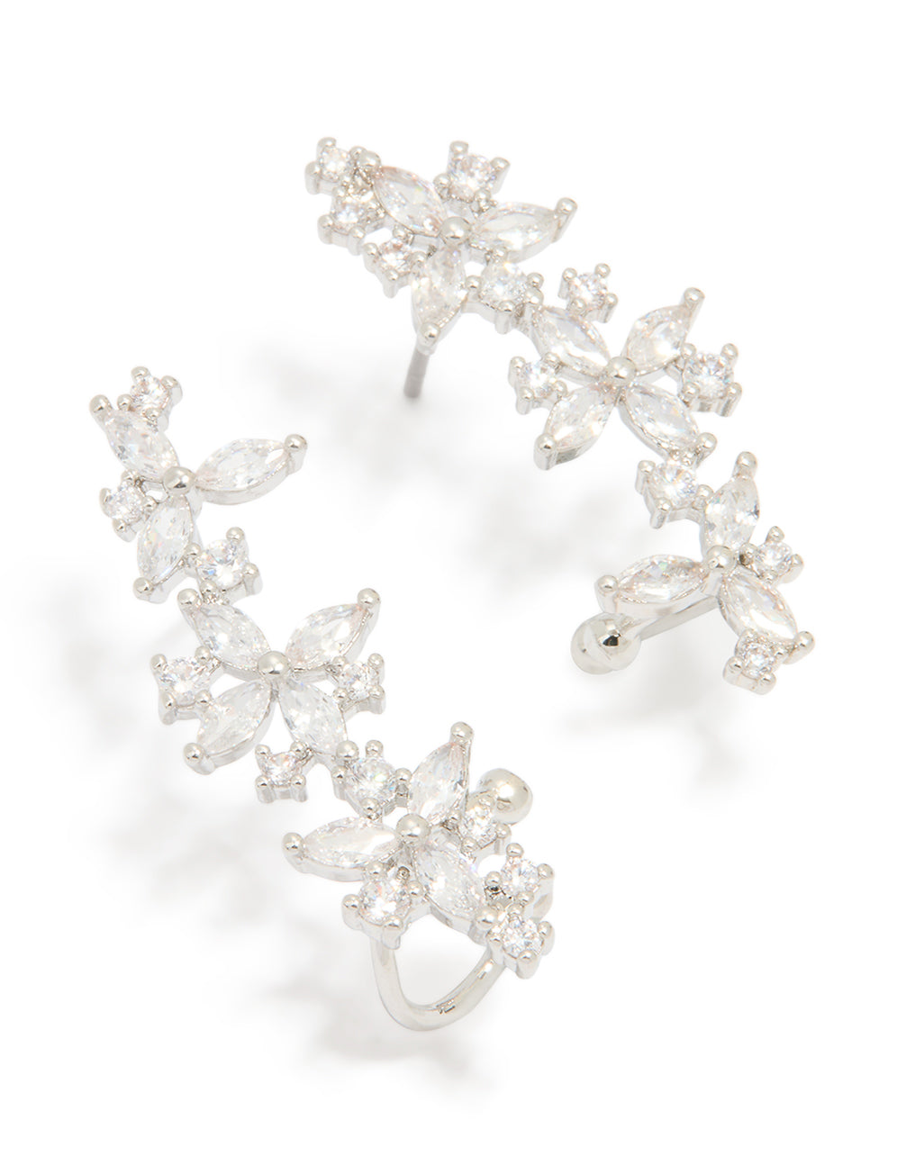 Silver Cubic Zirconia Floral Marquise Cuff Earrings