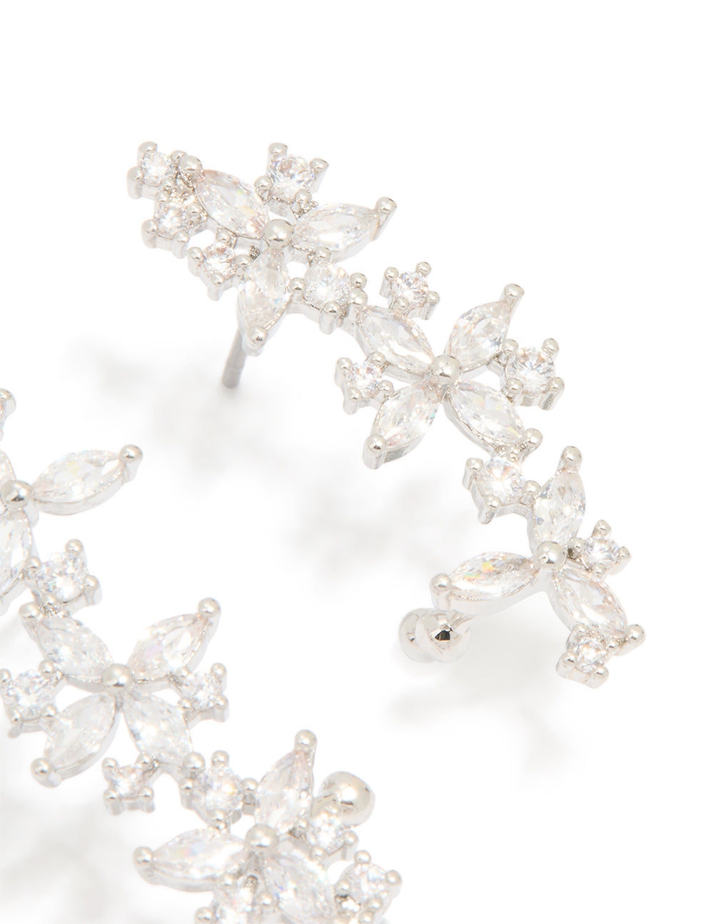 Silver Cubic Zirconia Floral Marquise Cuff Earrings