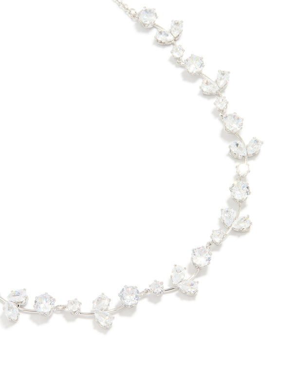 Silver Cubic Zirconia Floral Cluster Necklace