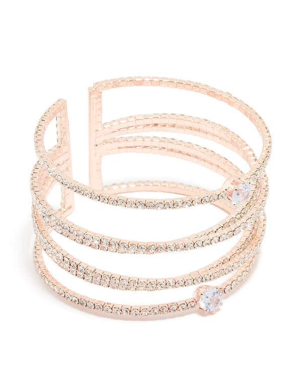 Rose Gold Cubic Zirconia Multi Layered Cross Wrist Cuff