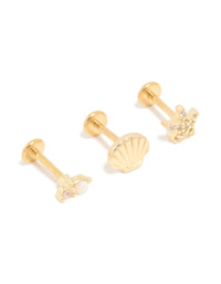 Gold Plated Surgical Steel Diamante Sea-Inspired Flat Back Studs 3-Pack - link has visual effect only