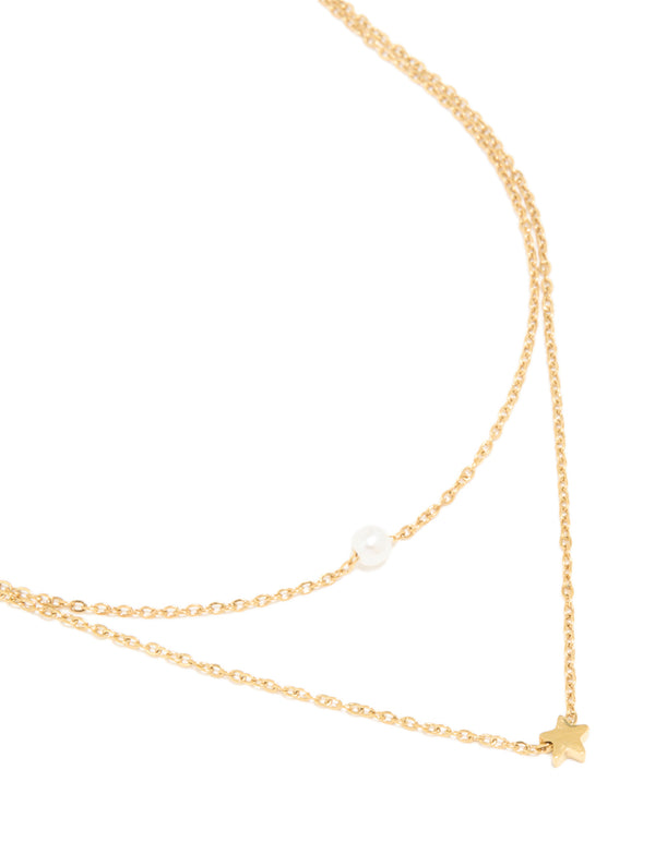 Waterproof Gold Plated Stainless Steel Star & Pearl Layered Necklace