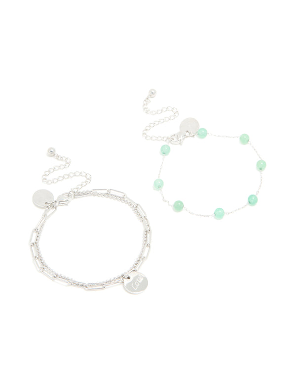 Waterproof Stainless Steel Green Semi Precious Stone & Love Bracelets 2-Pack