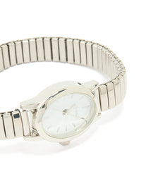 Elegant women's mini stretch watch with white dial, round shape, link band in silver, designed for casual occasions, analog type watch face detail view - link has visual effect only