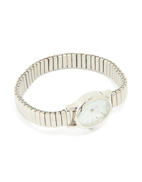 Stylish women's mini stretch watch with white dial, round shape, link band in silver, designed for casual occasions, analog type front view - link has visual effect only