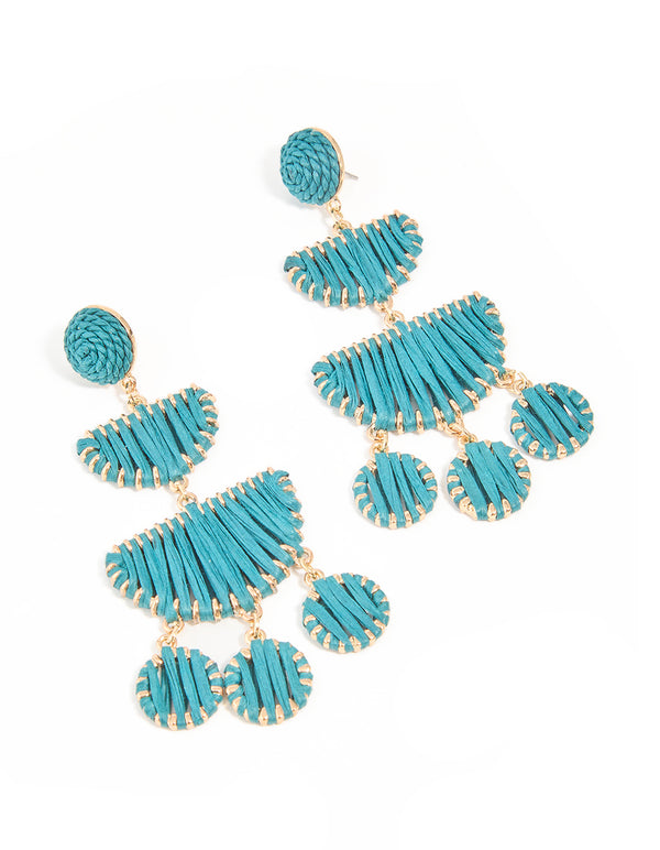 Gold Blue Raffia Crescent Drop Earrings