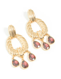 Gold Textured & Mini Red Diamante Drop Earrings - link has visual effect only