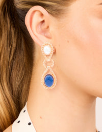Gold Pearl & Blue Stone Textured Twisted Drop Earrings - link has visual effect only