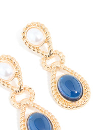 Gold Pearl & Blue Stone Textured Twisted Drop Earrings - link has visual effect only