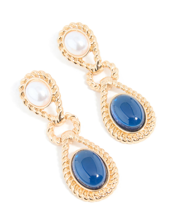 Gold Pearl & Blue Stone Textured Twisted Drop Earrings