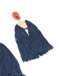 Gold Red Stone & Dark Blue Tassel Earrings - link has visual effect only